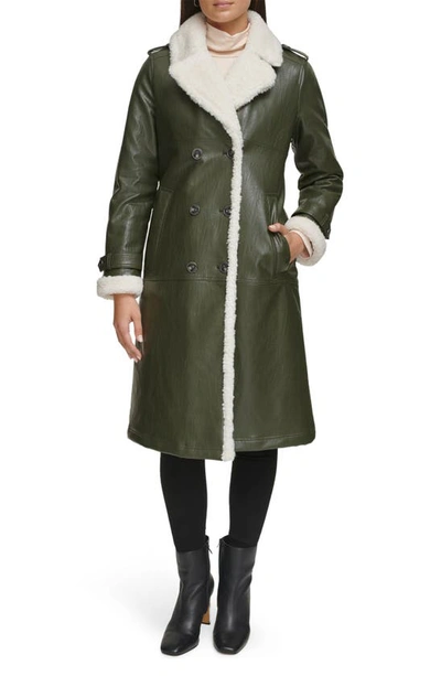 Kenneth Cole New York Faux Shearling & Faux Leather Trench Coat In Dark Olive