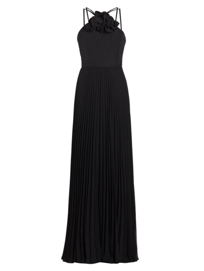 Marchesa Notte Sleeveless Pleated Chiffon Halter Gown In Black