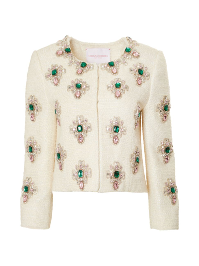 Carolina Herrera Crystal Embellished Paillette Tweed Crop Jacket In Ivory Multi