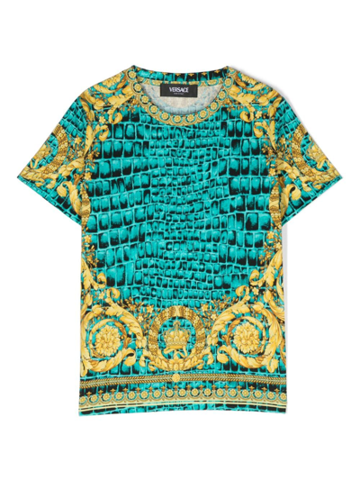 Versace Baroque-pattern Print Cotton T-shirt In Blau