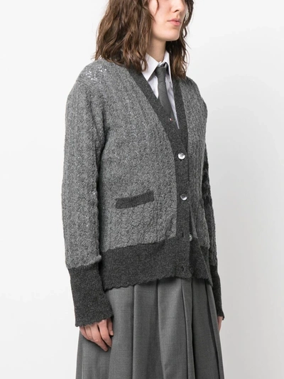 Thom Browne Cable-knit Pointelle Stitch Cardigan In Med Grey 035