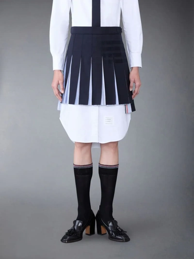 Thom Browne Plain Weave 4-bar Pleated Mini Skirt In Blue