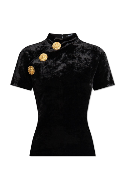 Balmain Button-detail Velvet T-shirt In Nero