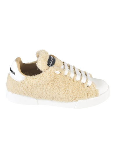 Dolce & Gabbana Fur Coated Logo Trainers In Ivory
