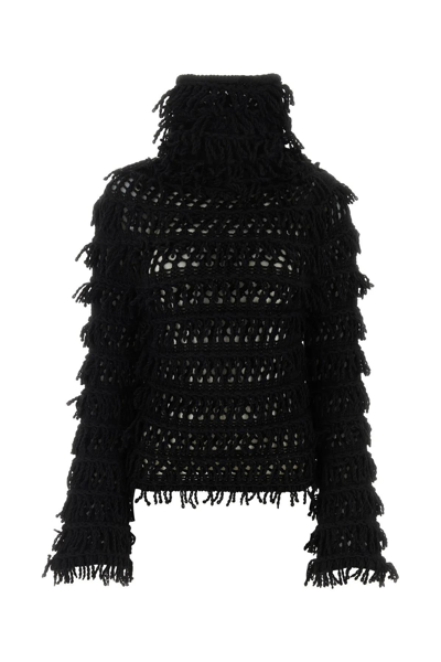 Blumarine Fringed Wool Knit Turtleneck Jumper In Black