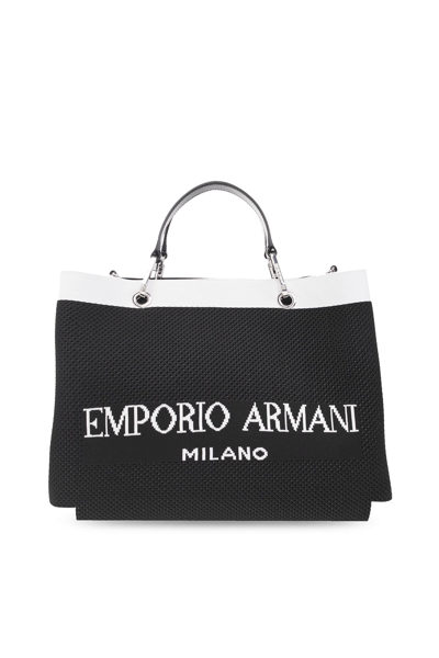 Emporio Armani Official Store Medium Knitted Myea Shopper Bag With Contrasting Details In Black