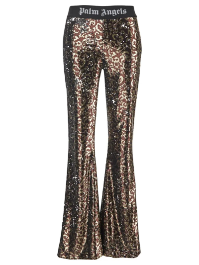 PALM ANGELS LOGO TAPE SEQUINS FLARE TROUSERS