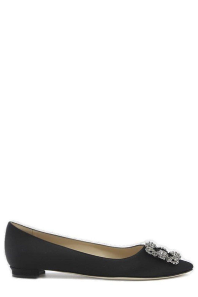 Manolo Blahnik Hangisi Embellished Satin Point-toe Flats In Black