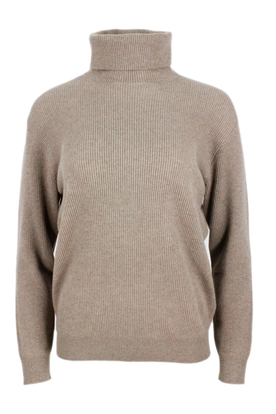 BRUNELLO CUCINELLI HIGH NECK SWEATER IN SOFT AND PURE CASHMERE HALF ENGLISH RIB WITH MONILI DETAIL ON THE NECK IN THE B