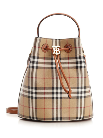 Burberry Small Tb Vintage Check Bucket Bag In Brown