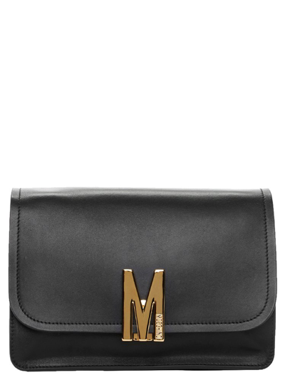 Moschino M Logo Plaque Shoulder Bag In Black