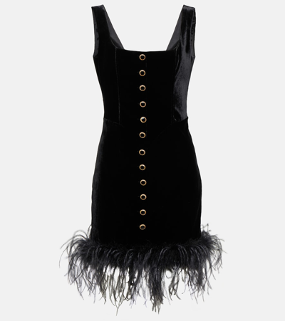 Alessandra Rich Embellished Feather-trimmed Velvet Mini Dress In Black