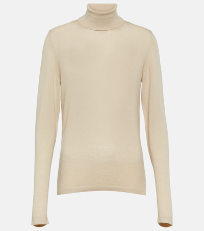 Max Mara Lecco Virgin Wool Turtleneck Top In Beige