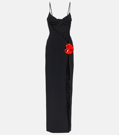 David Koma Flower-embellished Mesh Insert Gown In Black