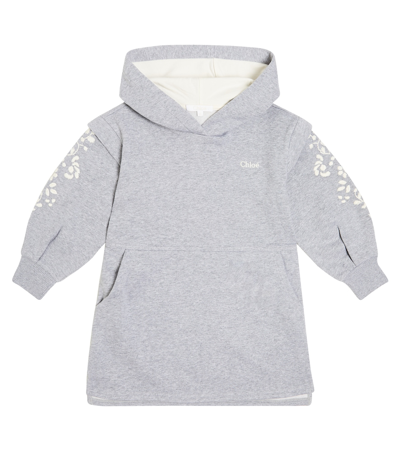Chloé Kids' Embroidered Cotton Hoodie Dress In Grey