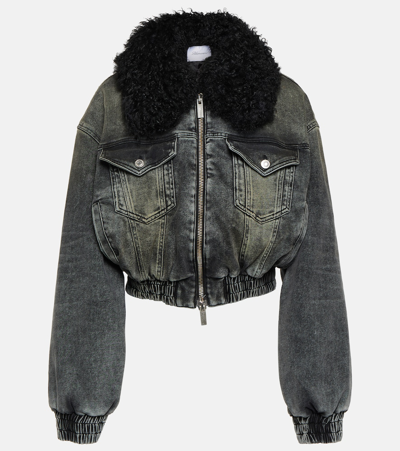 Blumarine Black Jacket With Faux Fur Collar And Logo Embroidery In Stretch Cotton Denim Woman In Grey