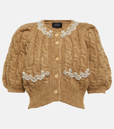 Simone Rocha Puff-sleeve Embellished Cable-knit Wool-blend Cropped Cardigan In Camel