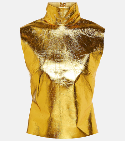 Dries Van Noten Larma Leather High-neck Crop Top In Gold