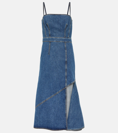 Alexander Mcqueen Denim Midi Dress With Asymmetric Slit In Blue