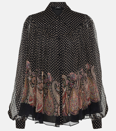 Etro Paisley Polka Dot Collared Silk Blouse In Black