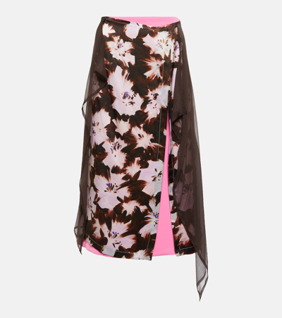 Dries Van Noten Floral Silk-blend Midi Skirt In Pink,brown