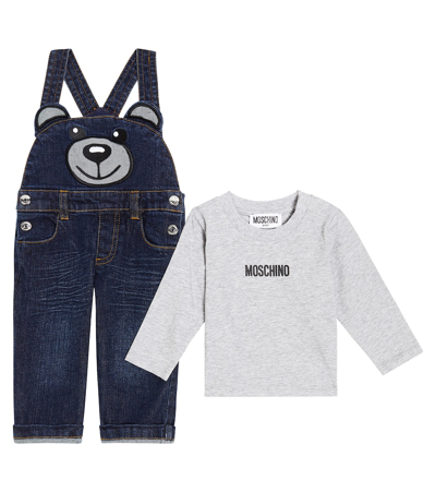 Moschino Baby Teddy Bear Overalls And T-shirt Set In Blue