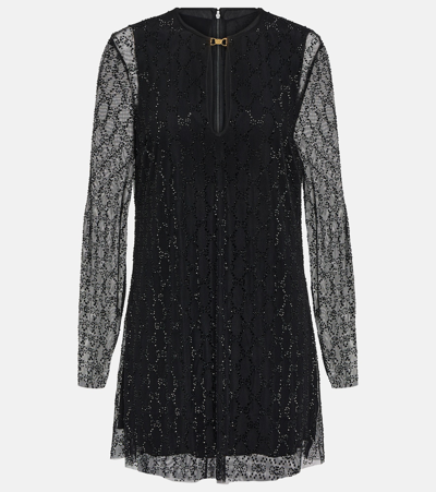 Gucci Crystal Gg Tulle Minidress In Black