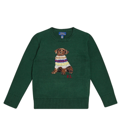 Polo Ralph Lauren Kids' Intarsia Knit Cotton Sweater In Moss Agate