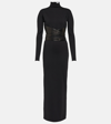 ALAÏA LEATHER-TRIMMED JERSEY MAXI DRESS