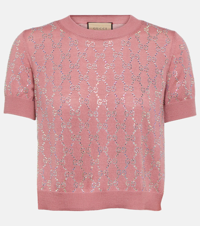 Gucci Gg Crystal-embellished Wool Short-sleeved Sweater In Pink