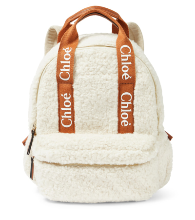 Chloé Kids' Faux-shearling Logo-print Backpack In Beige