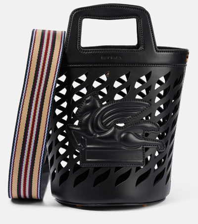 Etro Black Bucket Bag With Multicolor Shoulder Strap And Pegasus Detail In Perforated Leather Woman