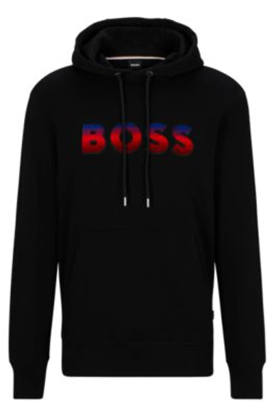 Hugo Boss Cotton-terry Regular-fit Hoodie With Degrad Logo In Black