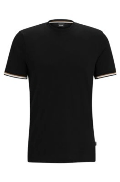 Hugo Boss Cotton-jersey T-shirt With Signature-stripe Cuffs In Black