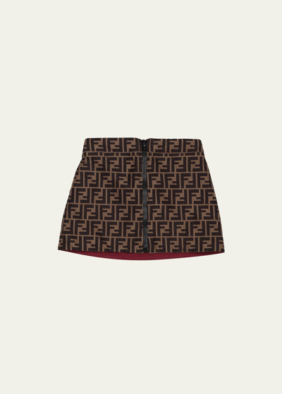 Fendi Kids' Girl's Reversible Logo Text/monogram-print Skirt In Brown