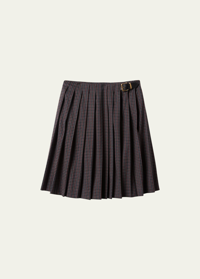 Miu Miu Logo-emboidered Pleated Gingham Check Midi Skirt In Garnet