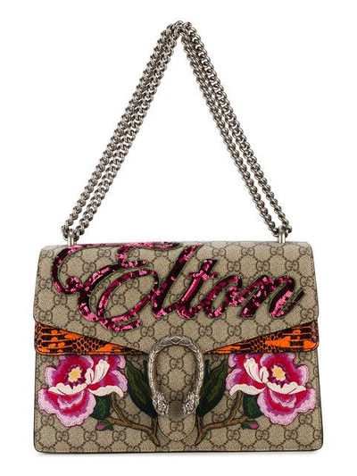 Gucci Dionysus Appliquéd Printed Coated-canvas And Watersnake Shoulder Bag In Beige Multi