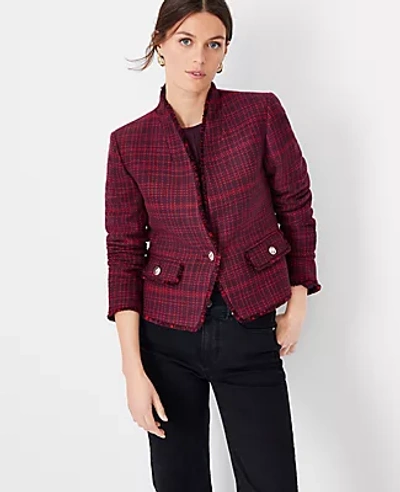 Ann Taylor Petite Plaid Fringe Tweed Jacket In Plum Rose
