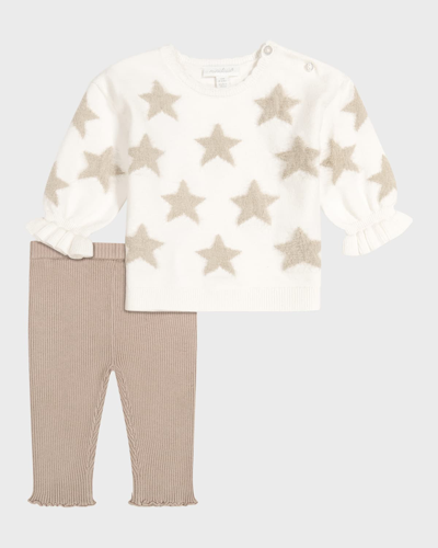 Miniclasix Kids' Girl's Fuzzy Star-print Sweater In Tan