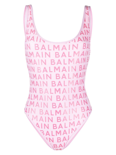 Balmain Logo-print Scoop-neck Swimsuit In Rosa