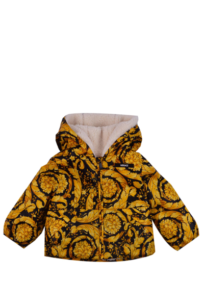 Versace Babies' Greca-print Puffer Jacket In Gold