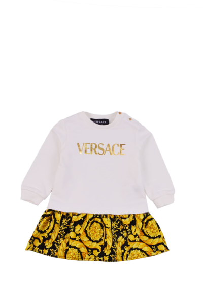 Versace Babies' Barocco-print Cotton Sweatshirt Dress In White