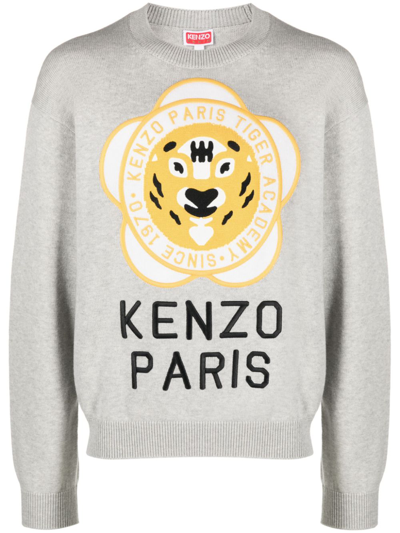 Kenzo Logo-patch Wool-cotton Jumper In Grey