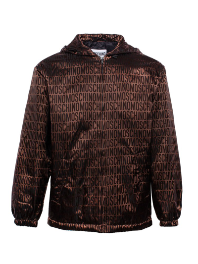 Moschino Logo Printed Hooded Zipped Lightweight Jacket In Brown