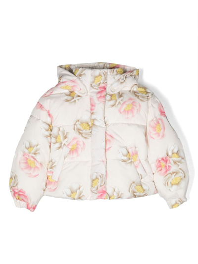 Monnalisa Kids' Padded Floral-print Hooded Jacket In Neutrals