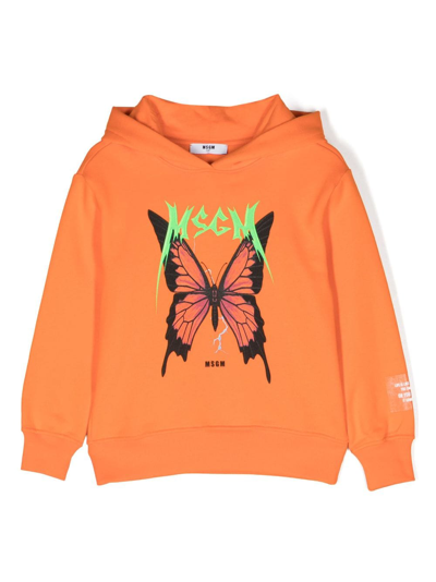 Msgm Kids' Logo-print Cotton Hoodie In Orange