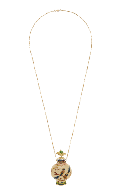 Silvia Furmanovich Marquetry Wood 18k Yellow Gold Diamond; Tourmaline Bottle Necklace In Ivory