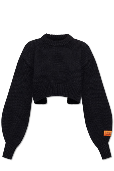 Heron Preston Crop Crewneck Wool Pullover In Black