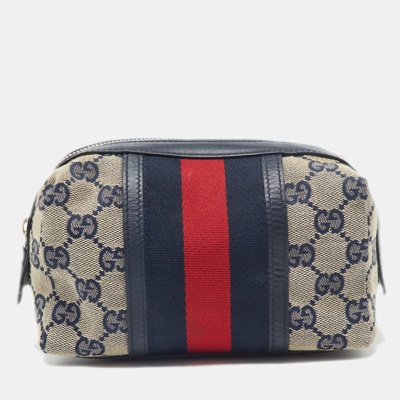 Pre-owned Gucci Beige/blue Gg Canvas And Leather Web Cosmetic Pouch