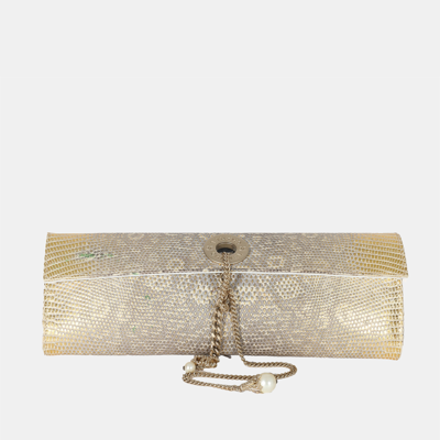 Pre-owned Chanel Vintage Gold Lizard Tube Flap Clutch